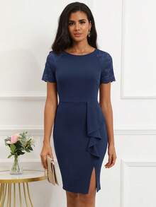 Contrast Lace Raglan Sleeve Ruffle Trim Split Hem Dress - Navy Blue - View 4