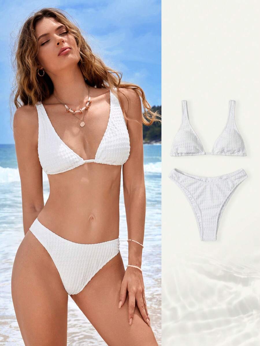 SHEIN Swim Solid Bikini Set For Summer Beach - White - View 1