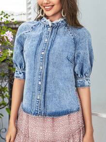 SHEIN Frenchy Button Front Puff Sleeve Denim Jacket - Medium Wash - View 6