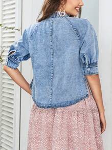 SHEIN Frenchy Button Front Puff Sleeve Denim Jacket - Medium Wash - View 2