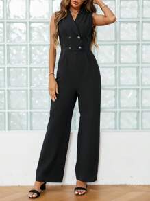 SHEIN Clasi 青果領雙排釦闊腿連體褲 - 黑色 - 查看 6