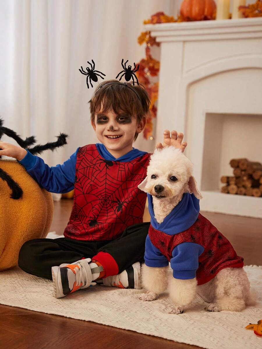 SHEIN Young Boy Halloween Spider Web Print Hoodie - Multicolor - View 1