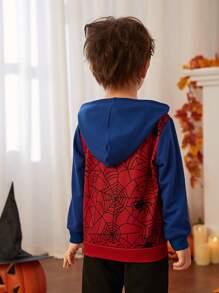 SHEIN Young Boy Halloween Spider Web Print Hoodie - Multicolor - View 2