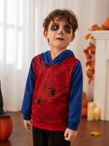 SHEIN Young Boy Halloween Spider Web Print Hoodie - Multicolor - View 3