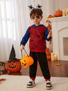 SHEIN Young Boy Halloween Spider Web Print Hoodie - Multicolor - View 4