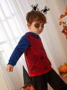 SHEIN Young Boy Halloween Spider Web Print Hoodie - Multicolor - View 5