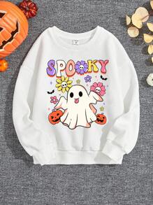SHEIN Leap Crew Young Girl Halloween Print Drop Shoulder Sweatshirt - White - View 1