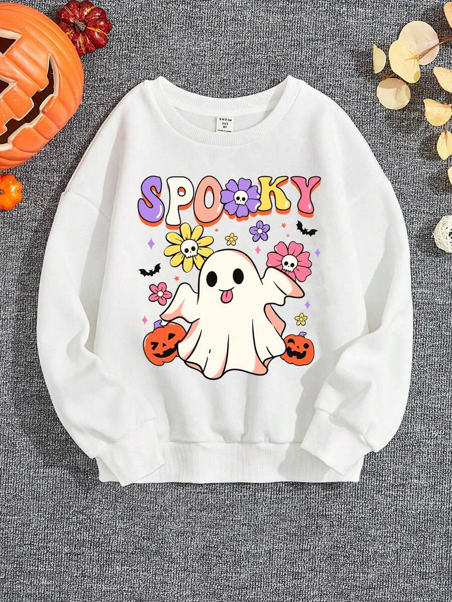 SHEIN Leap Crew Young Girl Halloween Print Drop Shoulder Sweatshirt - White - View 1