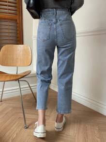 Joudiya Jeans de corte recto y cintura alta, con botones, bolsillos y cremallera. Jeans de algodón azul de talle regular y pierna recta acortada para mujer, de uso casual diario en primavera/otoño