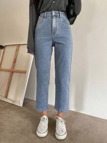 Joudiya Jeans de corte recto y cintura alta, con botones, bolsillos y cremallera. Jeans de algodón azul de talle regular y pierna recta acortada para mujer, de uso casual diario en primavera/otoño