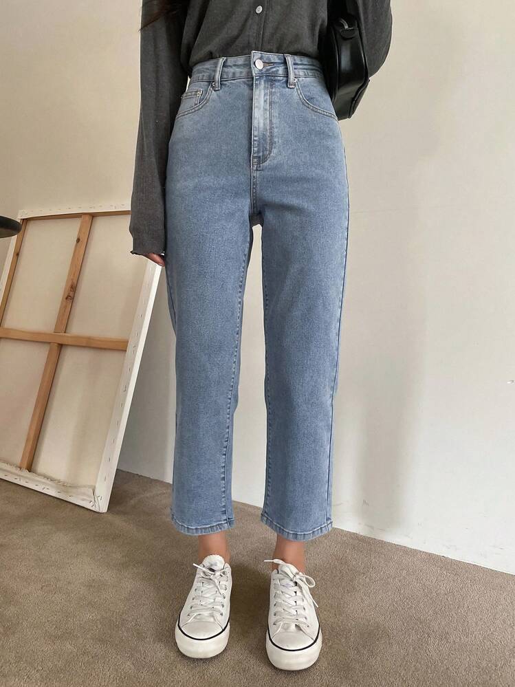 DAZY 高腰直腿七分牛仔裤，女士纽扣、口袋、拉链自然直腿七分蓝色棉质常规版型女士牛仔裤，春/秋，休闲日常穿着 - 藍色 - 查看 3