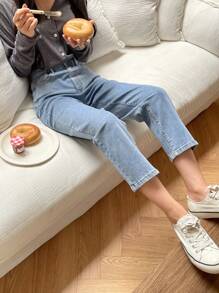Joudiya Jeans de corte recto y cintura alta, con botones, bolsillos y cremallera. Jeans de algodón azul de talle regular y pierna recta acortada para mujer, de uso casual diario en primavera/otoño