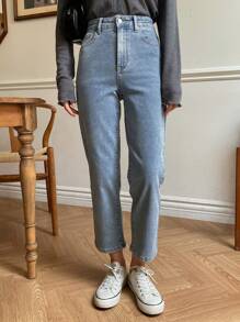 Joudiya Jeans de corte recto y cintura alta, con botones, bolsillos y cremallera. Jeans de algodón azul de talle regular y pierna recta acortada para mujer, de uso casual diario en primavera/otoño