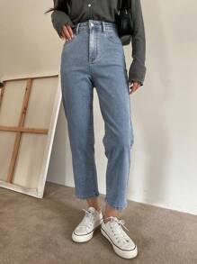 Joudiya Jeans de corte recto y cintura alta, con botones, bolsillos y cremallera. Jeans de algodón azul de talle regular y pierna recta acortada para mujer, de uso casual diario en primavera/otoño