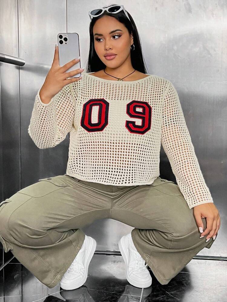 Plus Letter Pattern Open Knit Sweater
