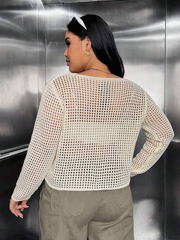 Plus Letter Pattern Open Knit Sweater