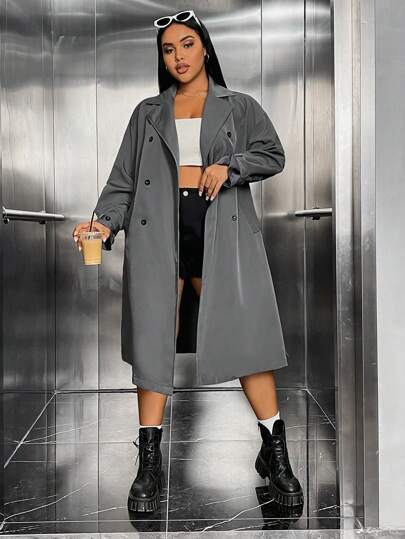 SHEIN EZwear Plus Double Breasted Belted Trench Coat