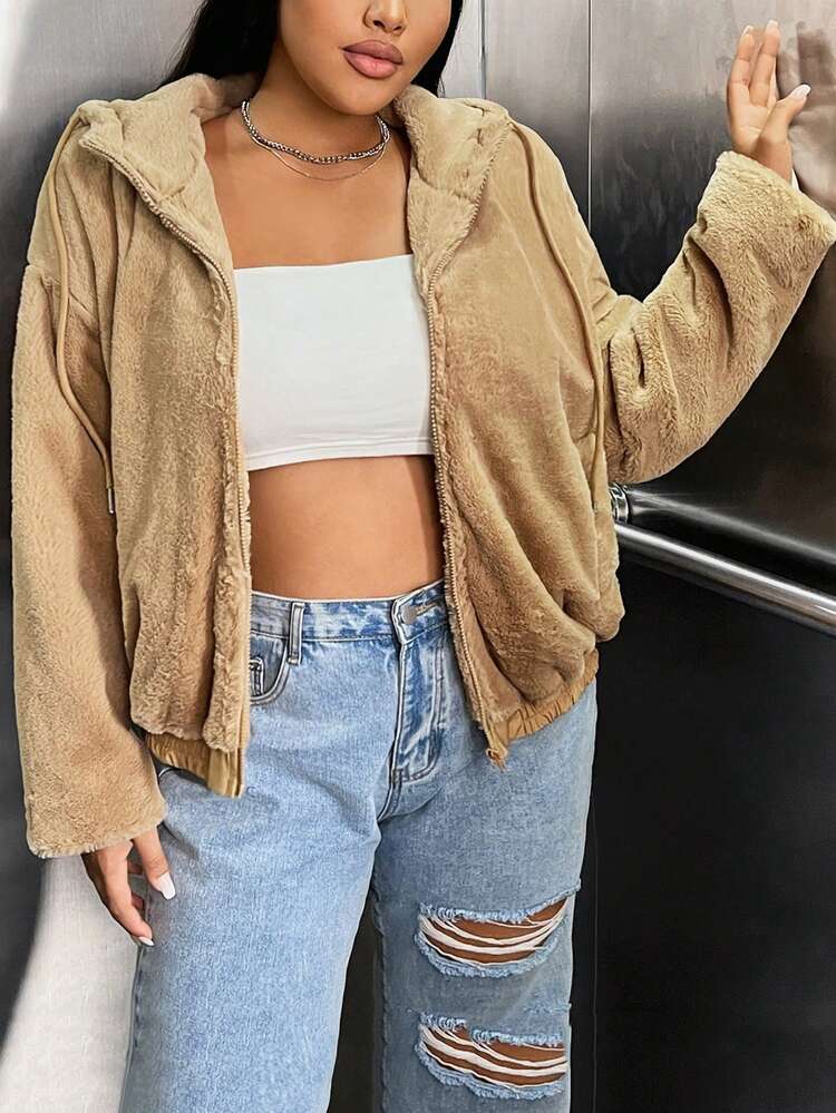 Plus Zip Up Drop Shoulder Drawstring Hooded Teddy Coat