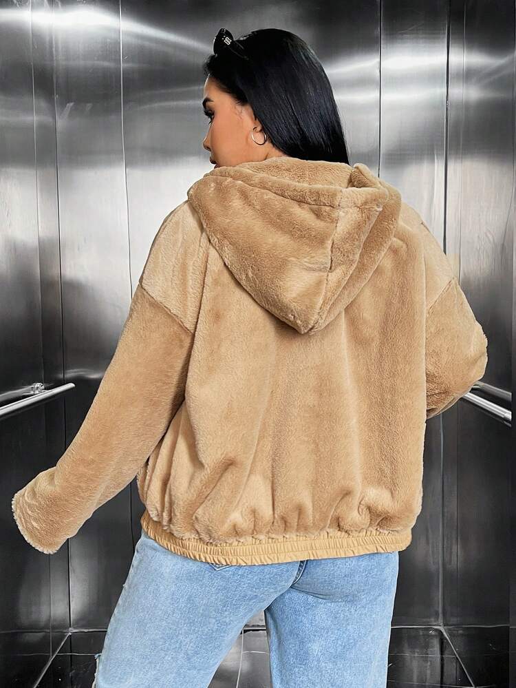 Plus Zip Up Drop Shoulder Drawstring Hooded Teddy Coat