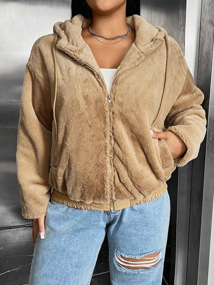 Plus Zip Up Drop Shoulder Drawstring Hooded Teddy Coat