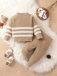 SHEIN 男嬰條紋圖案套頭毛衣和針織褲 - 卡其色 - 查看 1