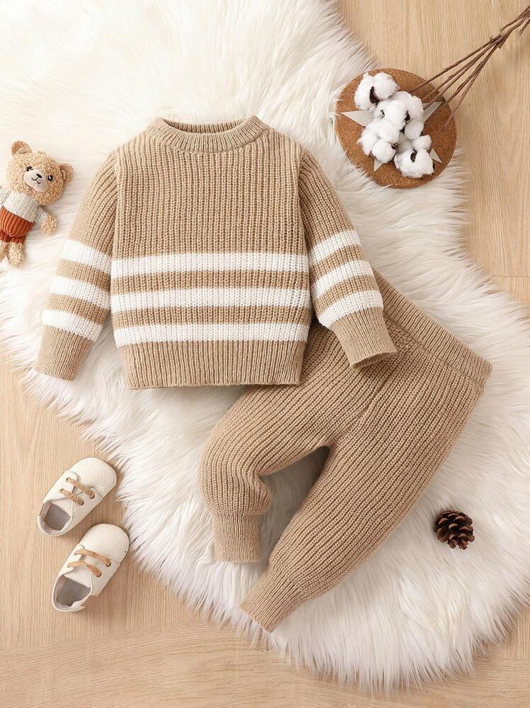SHEIN Đứa bé trai Mẫu sọc Áo len & Quần dệt kim - Màu Khaki - Xem 1