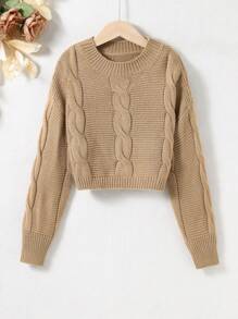 SHEIN Tween Girl Cable Knit Drop Shoulder Sweater - Khaki - View 1