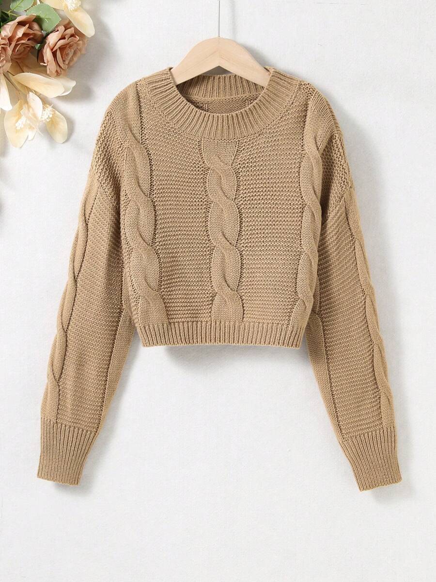 SHEIN Tween Girl Cable Knit Drop Shoulder Sweater - Khaki - View 1