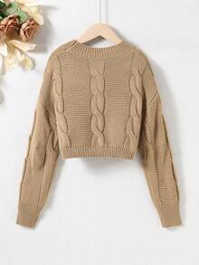SHEIN Tween Girl Cable Knit Drop Shoulder Sweater - Khaki - View 2