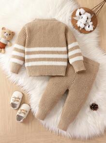 SHEIN 男嬰條紋圖案套頭毛衣和針織褲 - 卡其色 - 查看 2