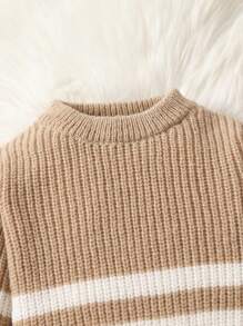 SHEIN 男嬰條紋圖案套頭毛衣和針織褲 - 卡其色 - 查看 3