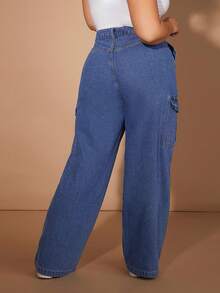 大碼側翻蓋口袋工裝牛仔褲 - 中等水洗藍 - 查看 2