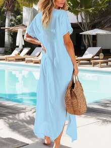 Camisa con botón delantero largo - Azul - Ver 2