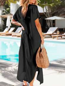 素色蝙蝠袖長款襯衫 - 黑色 - 查看 2