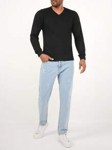 RueChic Men Solid V Neck Jumper - Black - View 3