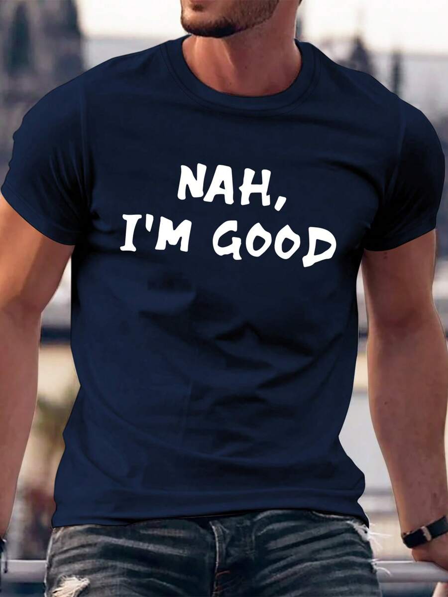 Manfinity Homme Men Slogan Graphic Casual Short Sleeve Tee, Boyfriend Gift, For Going Out - Navy Blue - View 1