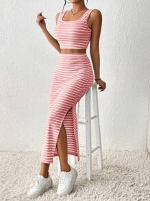 SHEIN Essnce In sọc Crop Tank Top & Tách đùi Váy - Hồng - Xem 1
