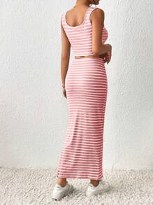 SHEIN Essnce In sọc Crop Tank Top & Tách đùi Váy - Hồng - Xem 2