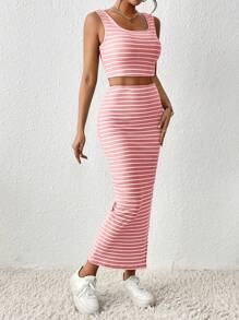 SHEIN Essnce In sọc Crop Tank Top & Tách đùi Váy - Hồng - Xem 4