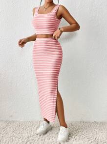 SHEIN Essnce In sọc Crop Tank Top & Tách đùi Váy - Hồng - Xem 6