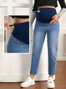 SHEIN Maternity Adjustable Elastic Waist Bleach Wash Straight Leg Jeans - Medium Wash - View 6