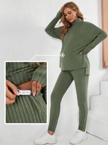 SHEIN Maternity Turtleneck Ribbed Knit High Low Hem Top & Adjustable Elastic Waist Trousers - Army Green - View 1