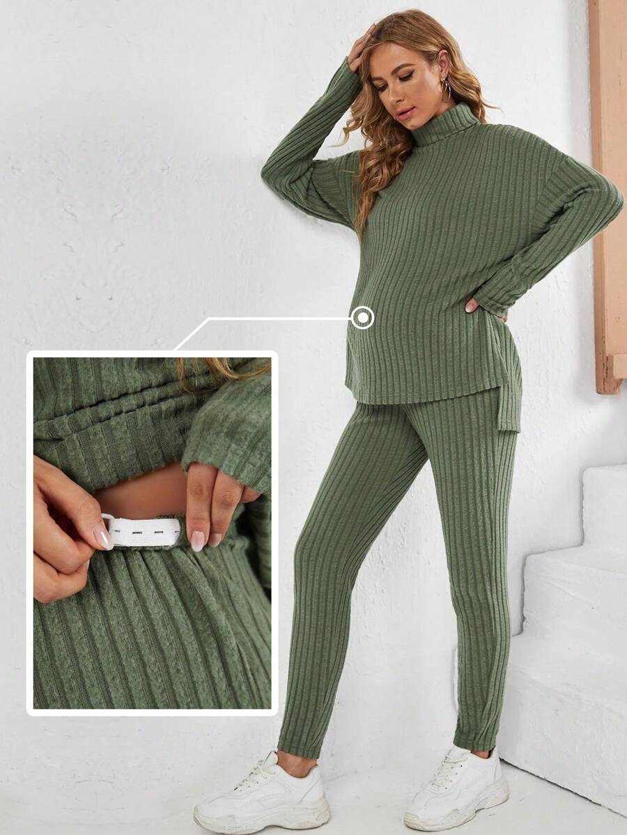 SHEIN Maternity Turtleneck Ribbed Knit High Low Hem Top & Adjustable Elastic Waist Trousers - Army Green - View 1