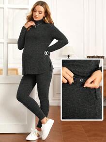 SHEIN Maternity Mock Neck Split Side Rib-Knit Long Sleeve Top & Adjustable Waist Leggings Set, For Winter - Black - View 6