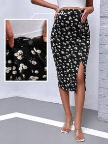 SHEIN Maternity Ditsy Floral Adjustable Waist Slit Skirt - Black - View 6