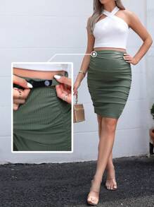 SHEIN Maternity Adjustable Waist Ruched Bodycon Skirt - Green - View 6