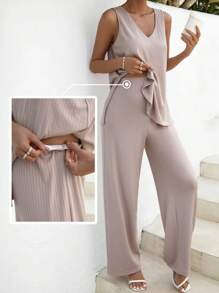 SHEIN Maternity Solid Tank Top & Adjustable Waist Trousers - Apricot - View 9