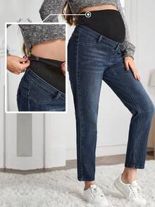 SHEIN Maternity Adjustable Waist Straight Leg Jeans - Dark Wash - View 6
