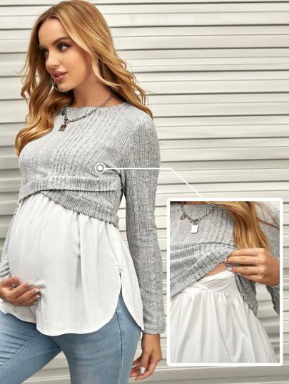 SHEIN Maternity Cross Wrap 2 In 1 Nursing Tee With Long Sleeve