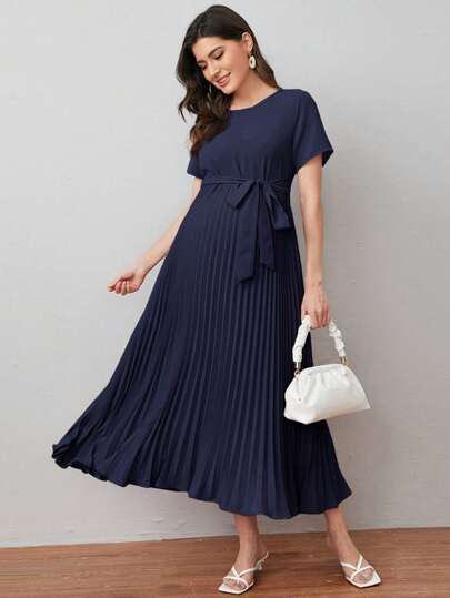 MaterniWear Maternity Self Belted Pleated Nursing Dress